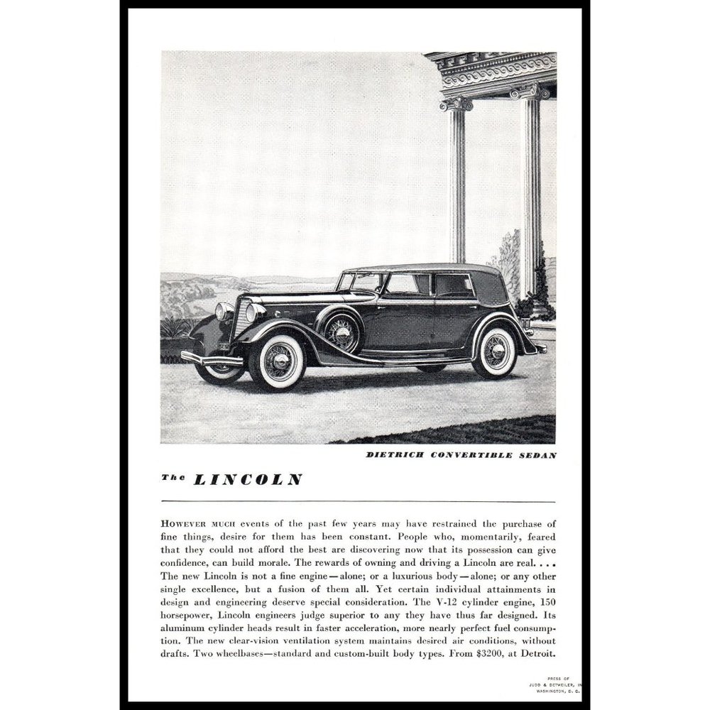 1934 Lincoln Dietrich Convertible Sedan Vintage Print Ad Antique Car Wall Art